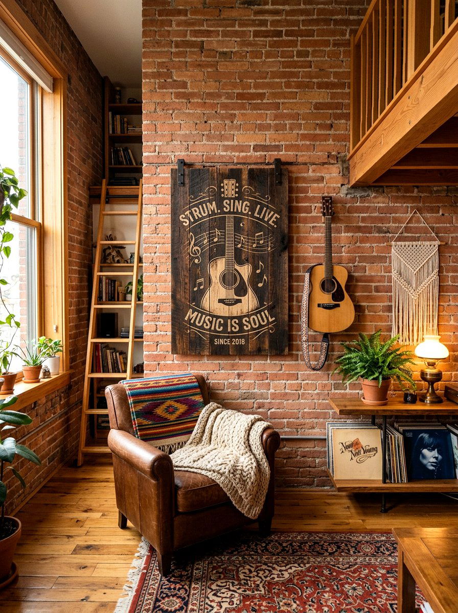 Rustic wood guitar plaque - 30 guitar wall display ideas