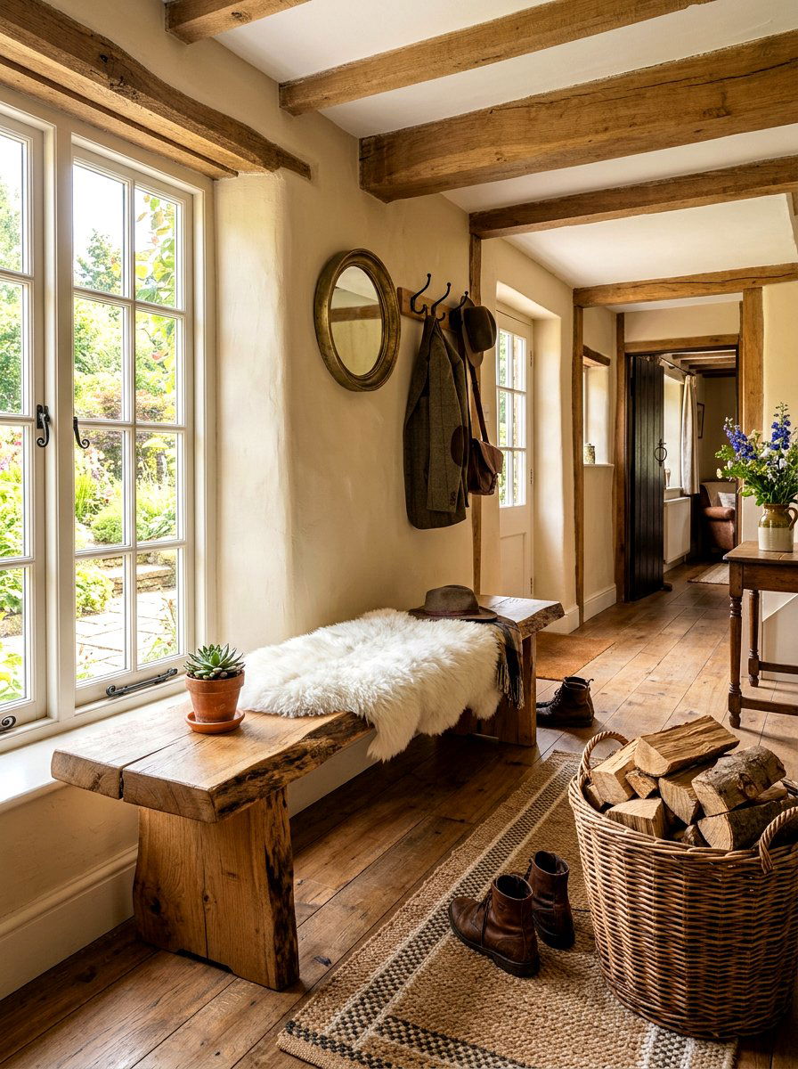 Rustic wood hallway seat - 30 hallway reading nook ideas