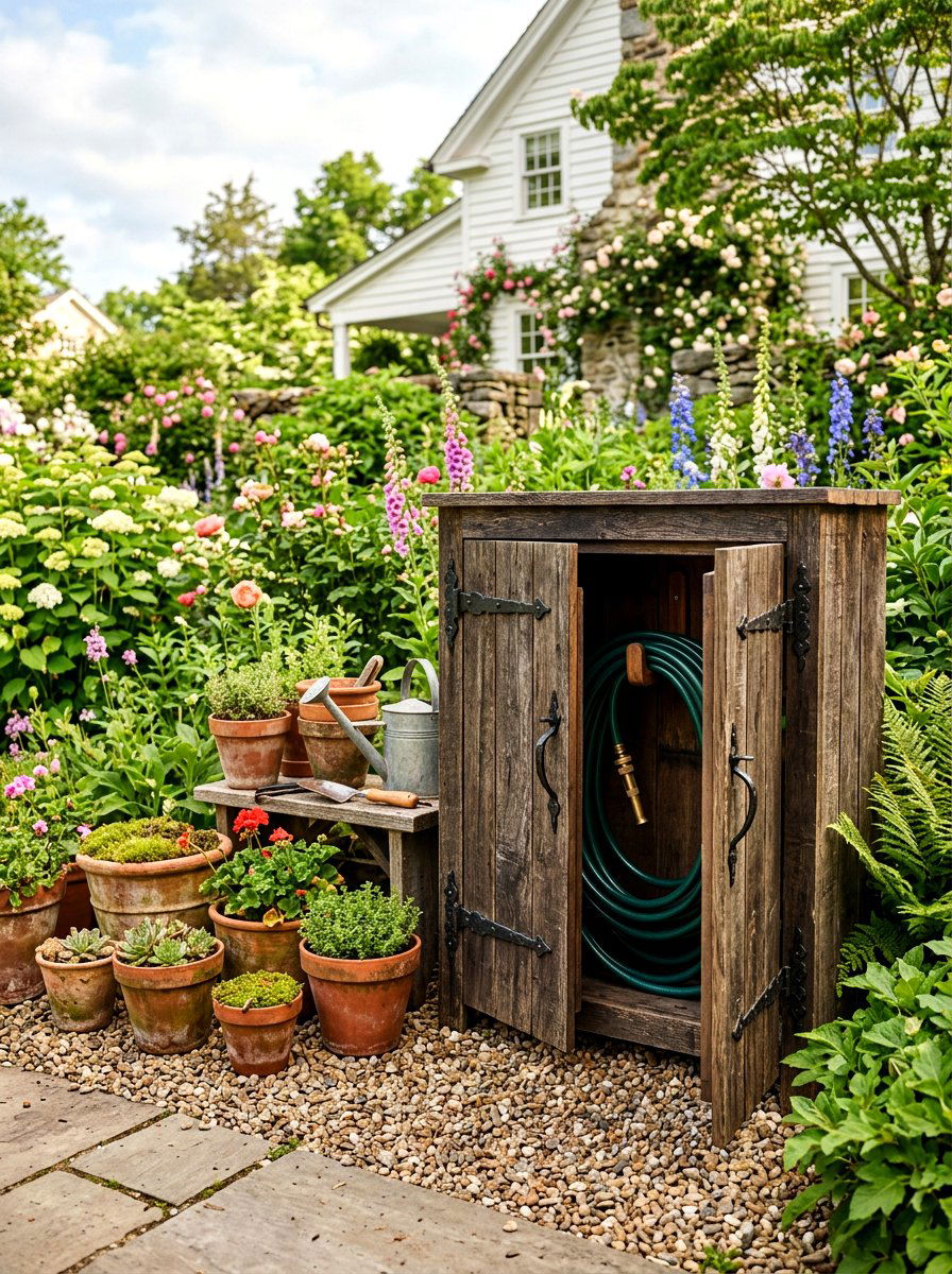 Rustic wood hose cabinet - 30 hose reel hideaway ideas