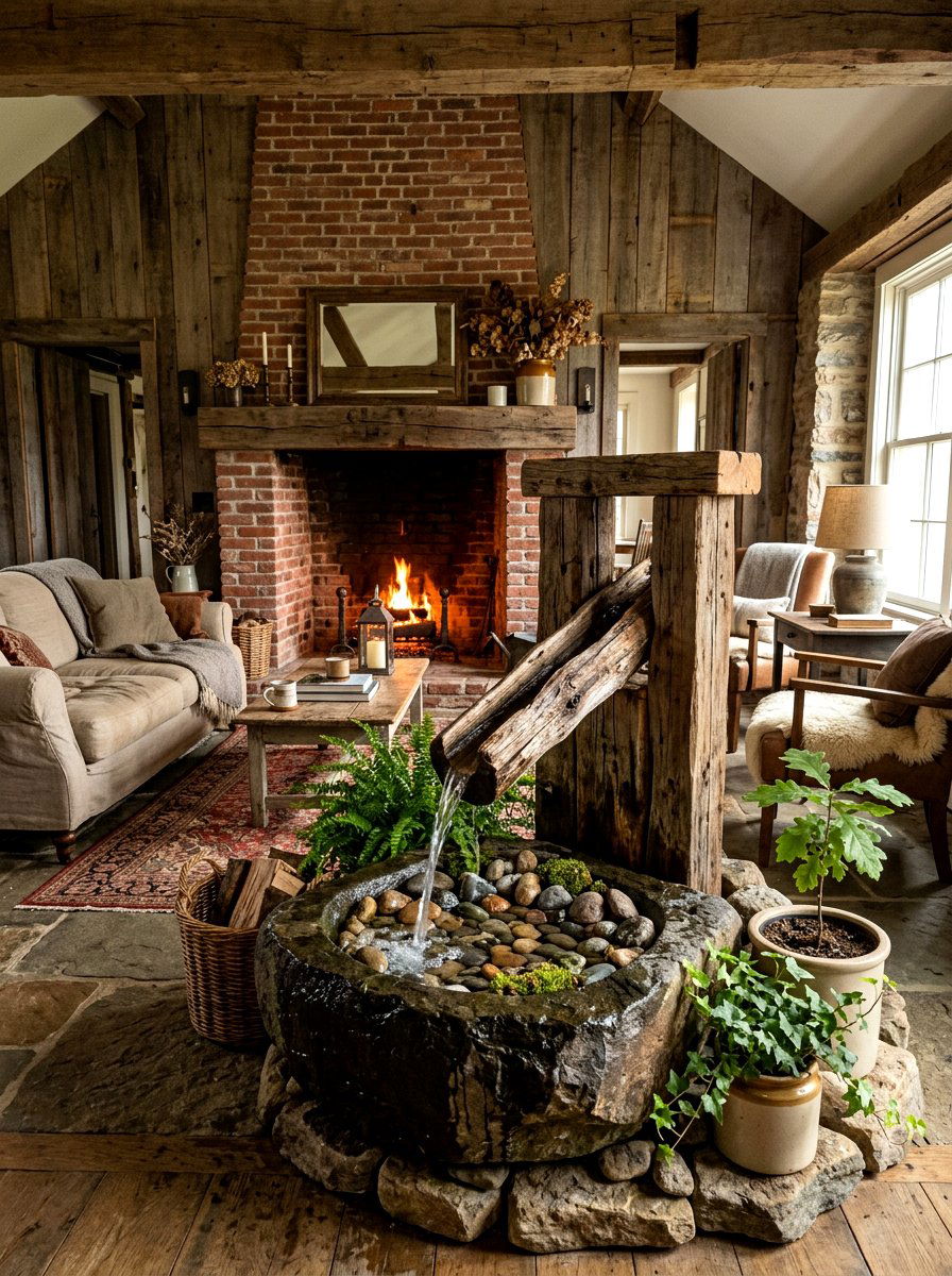 Rustic wood indoor fountain - 30 indoor fountain decor ideas