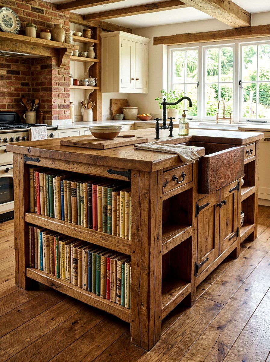 Rustic wood kitchen island with bookshelves - 30 island bookshelf ideas