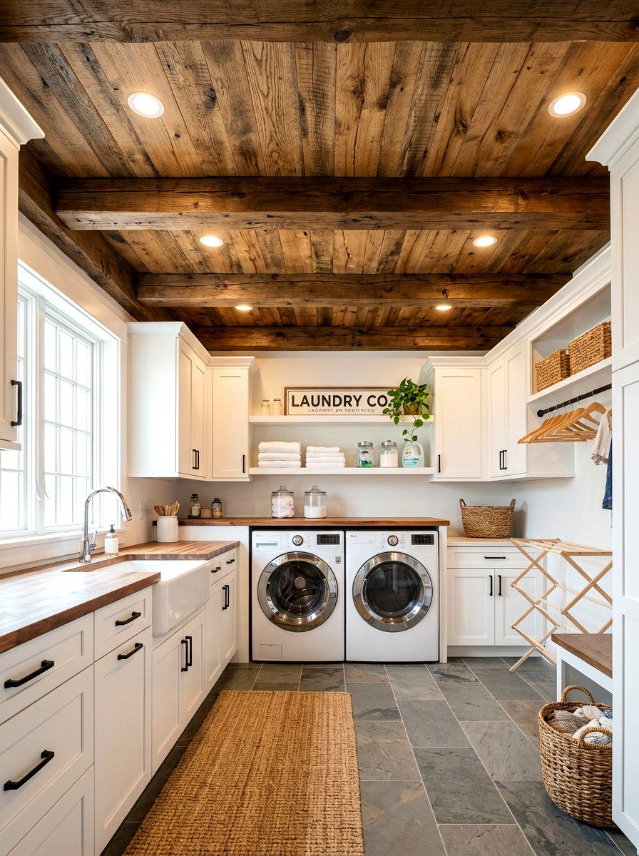 Rustic wood laundry ceiling - 30 farmhouse laundry room ideas