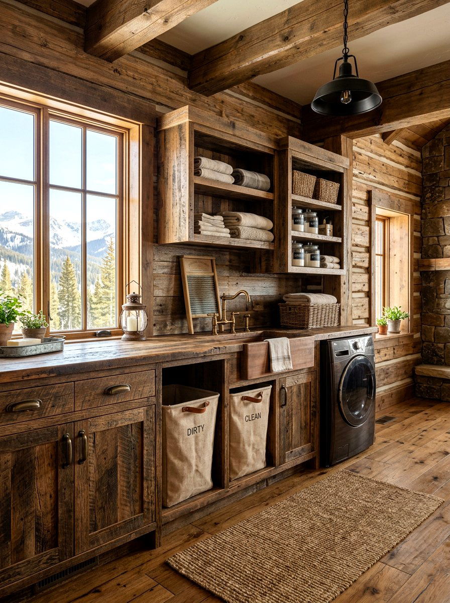 Rustic wood laundry station - 30 laundry room folding station ideas