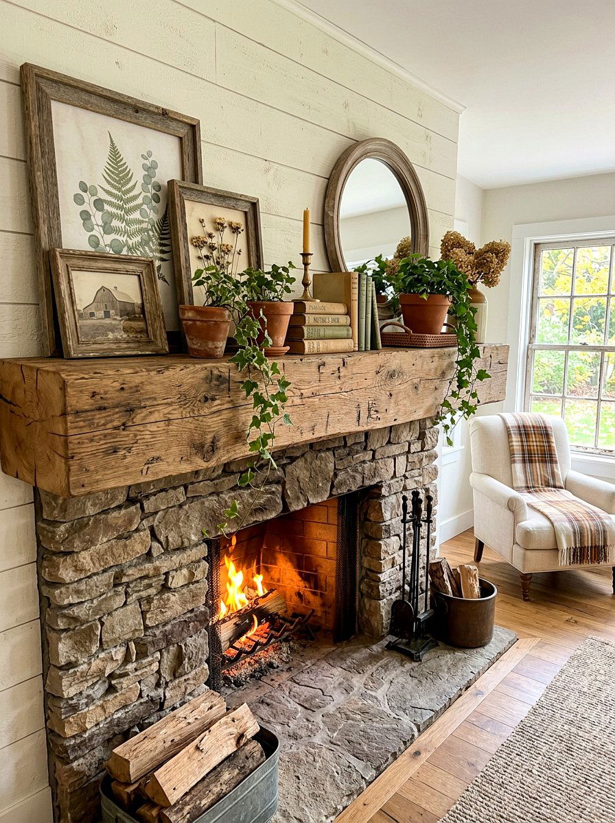 Rustic wood mantel - 30 mantel decor ideas