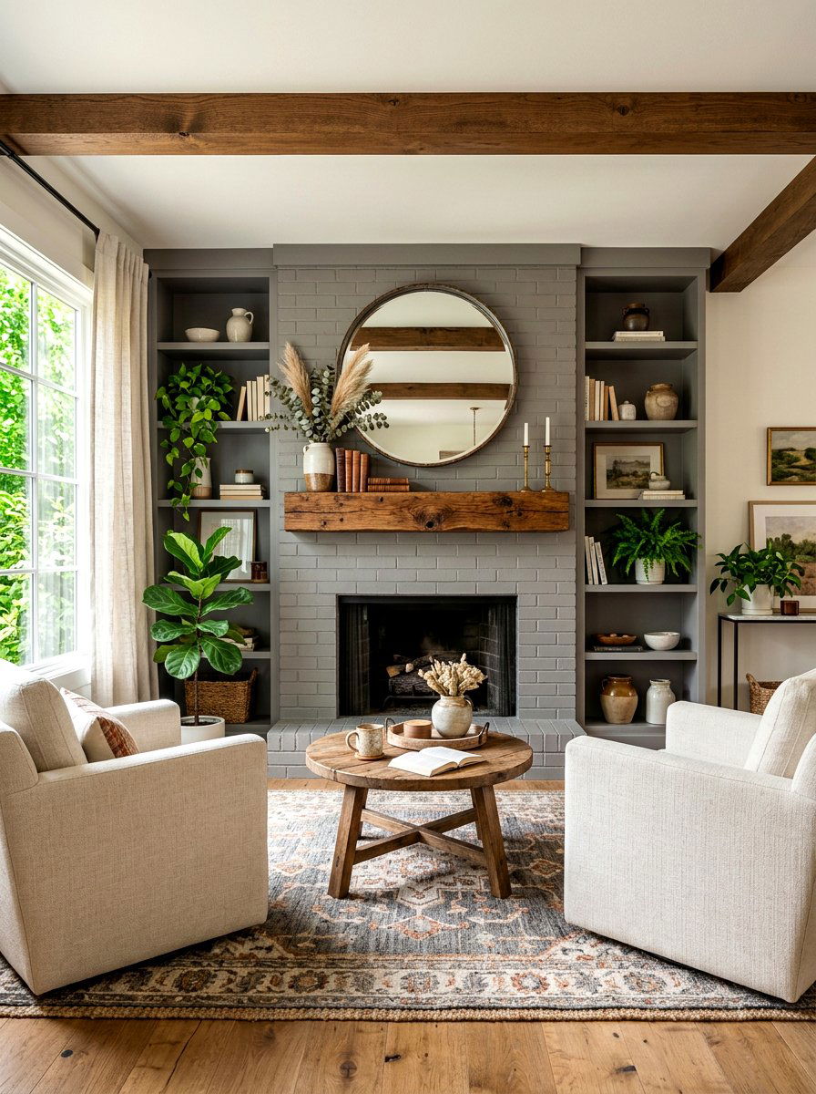 Rustic wood mantle and warm gray fireplace - 30 warm gray and wood living room ideas
