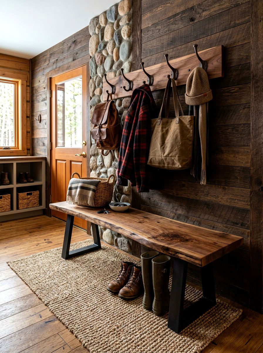 Rustic wood mudroom bench - 30 mudroom laundry room ideas