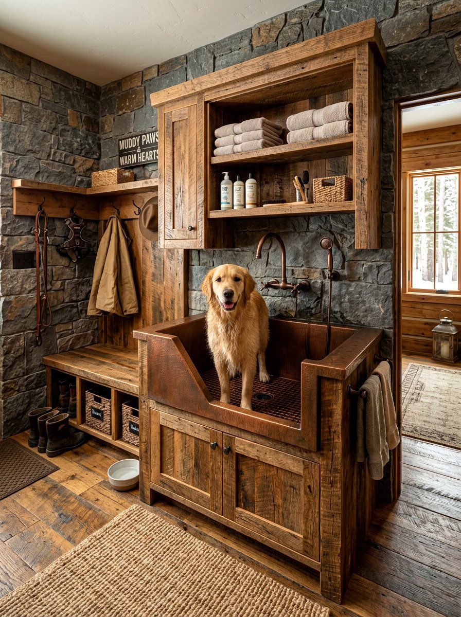 Rustic wood mudroom dog station - 30 mudroom dog wash ideas