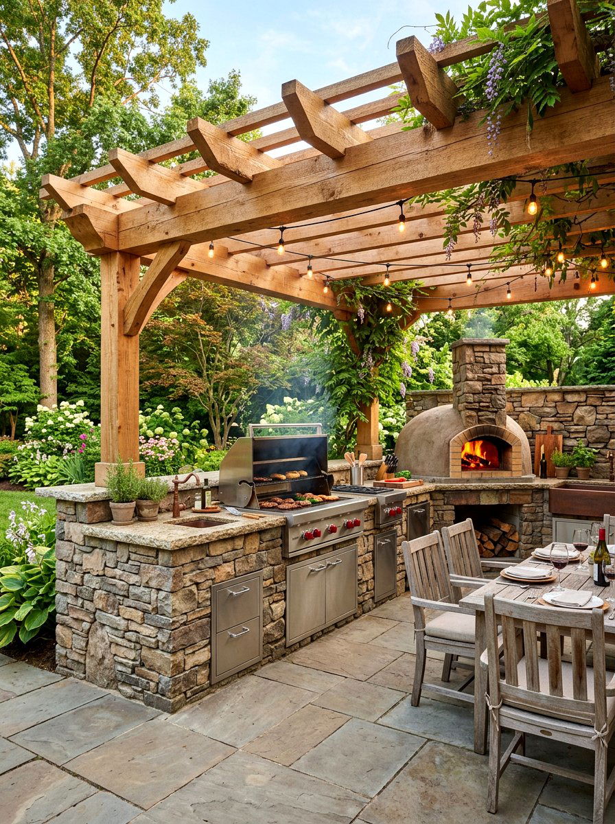 Rustic wood outdoor kitchen - 30 pergola with kitchen ideas