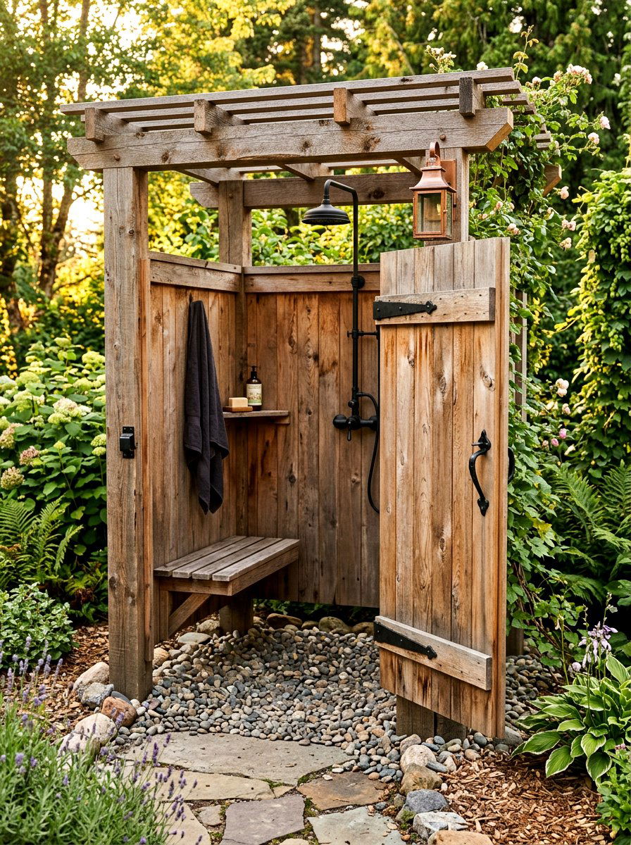 Rustic wood outdoor shower - 30 outdoor shower summer ideas