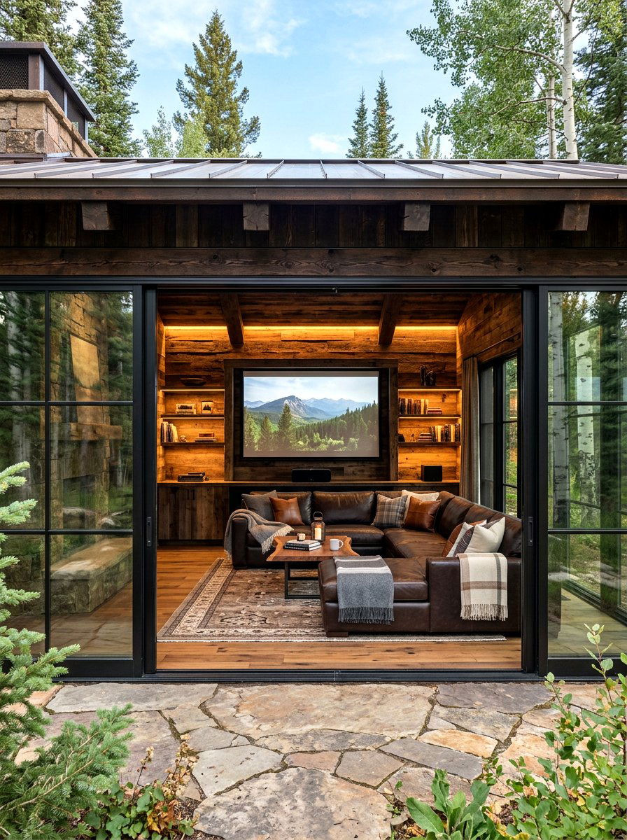 Rustic wood panel media room - 30 projector room ideas