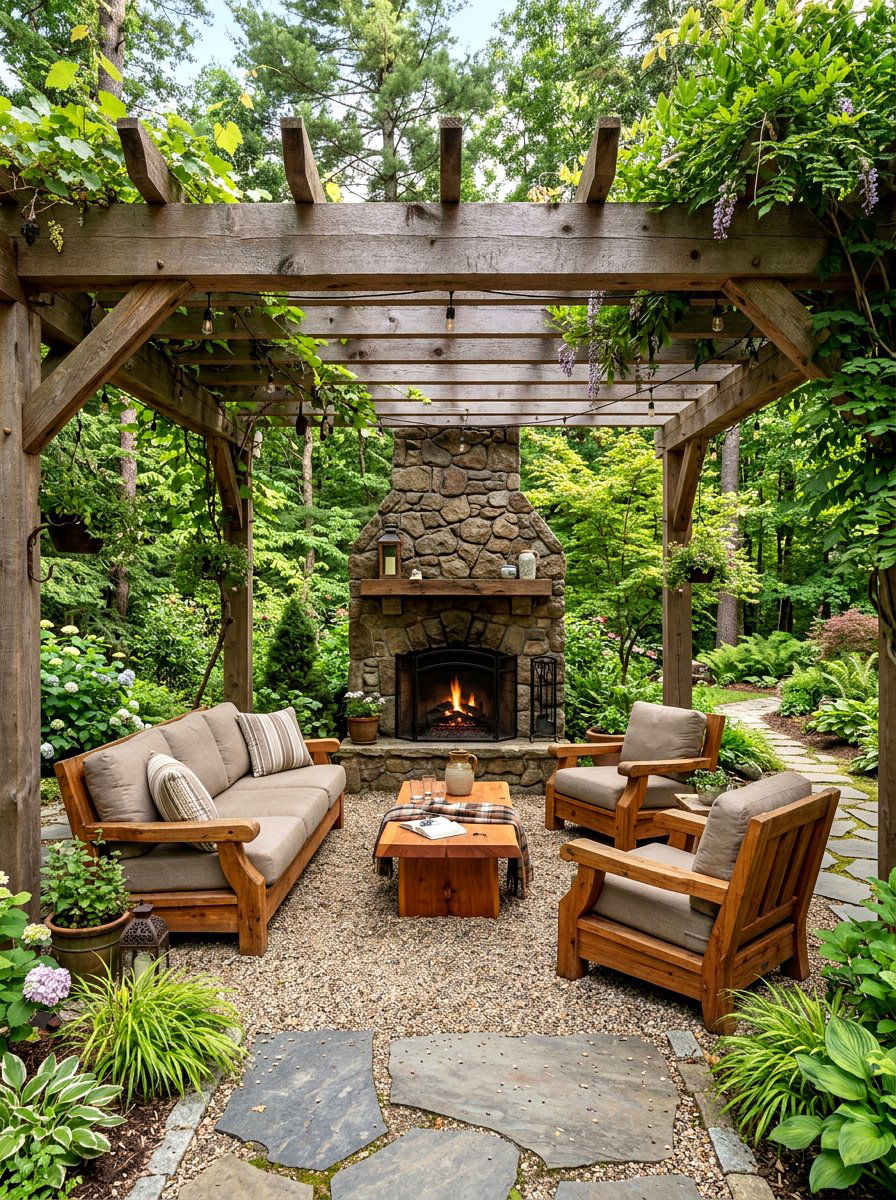 Rustic wood pergola - 30 pergola lounge area ideas
