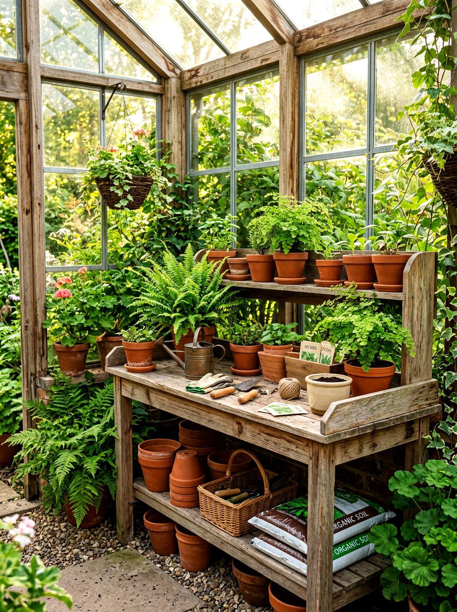 Rustic wood potting bench - 30 potting table greenhouse ideas