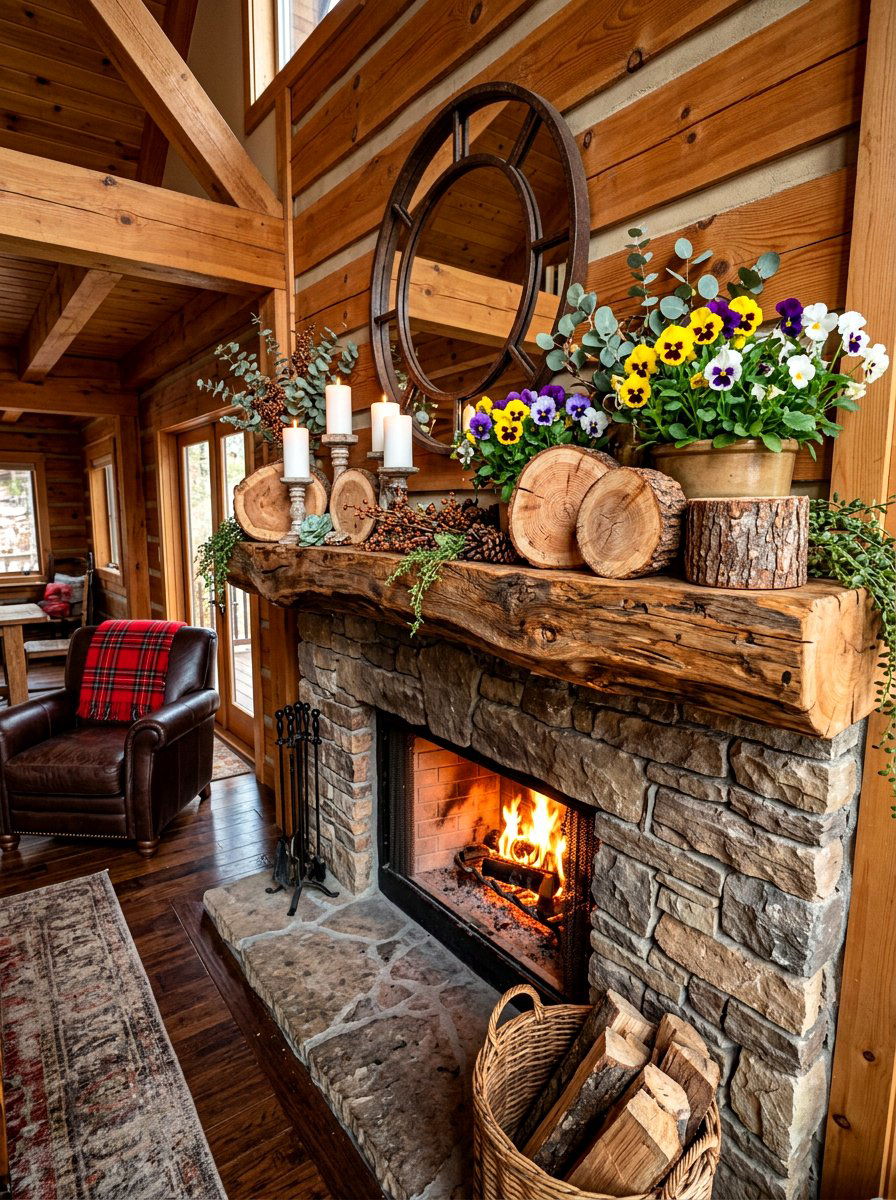 Rustic wood slice mantel - 30 spring mantel decor ideas
