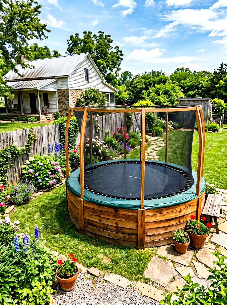 Rustic wood trampoline frame - 30 trampoline landscaping ideas