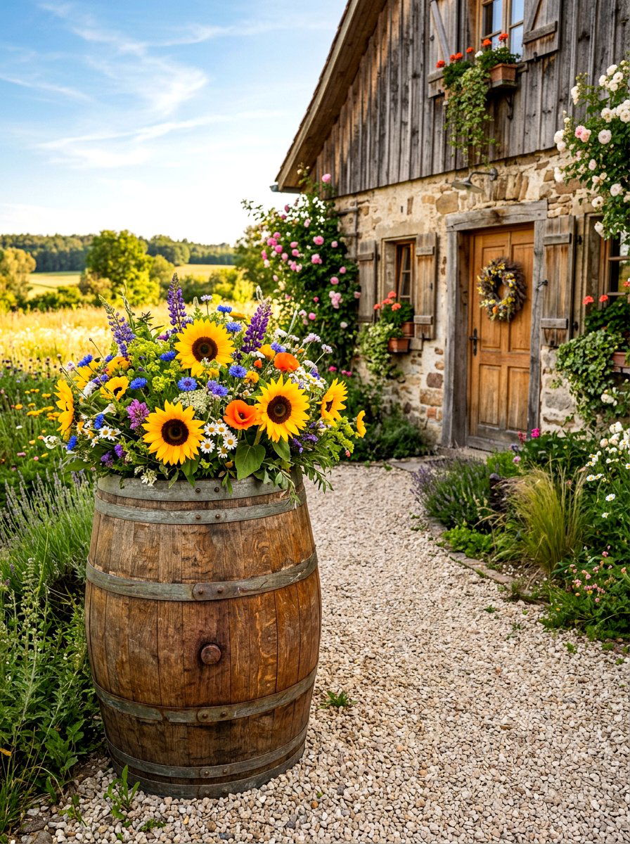 Rustic wooden barrels - 30 front yard planter ideas