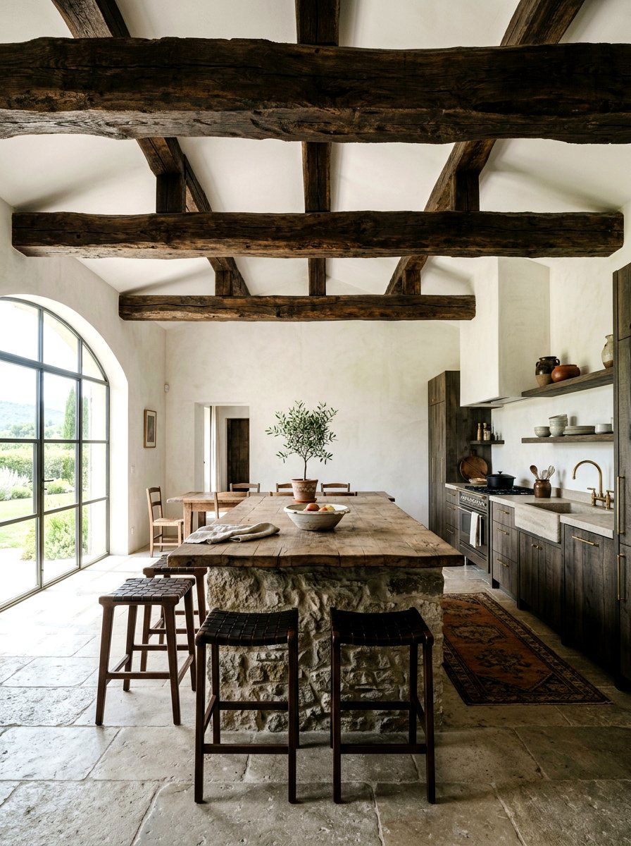 Rustic wooden ceiling beams - 30 wabi sabi kitchen ideas