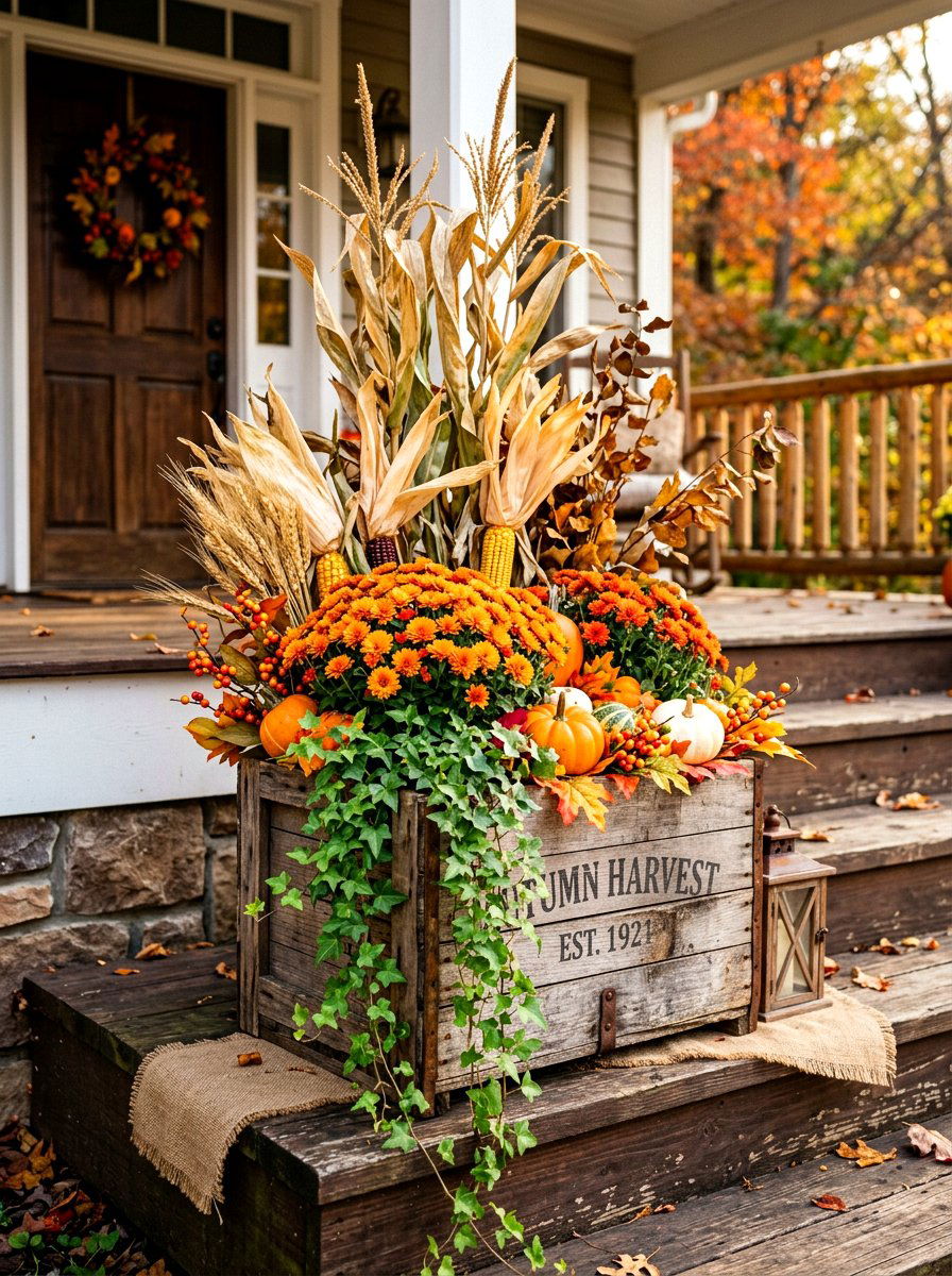 Rustic wooden crate fall arrangement - 30 autumn planter ideas
