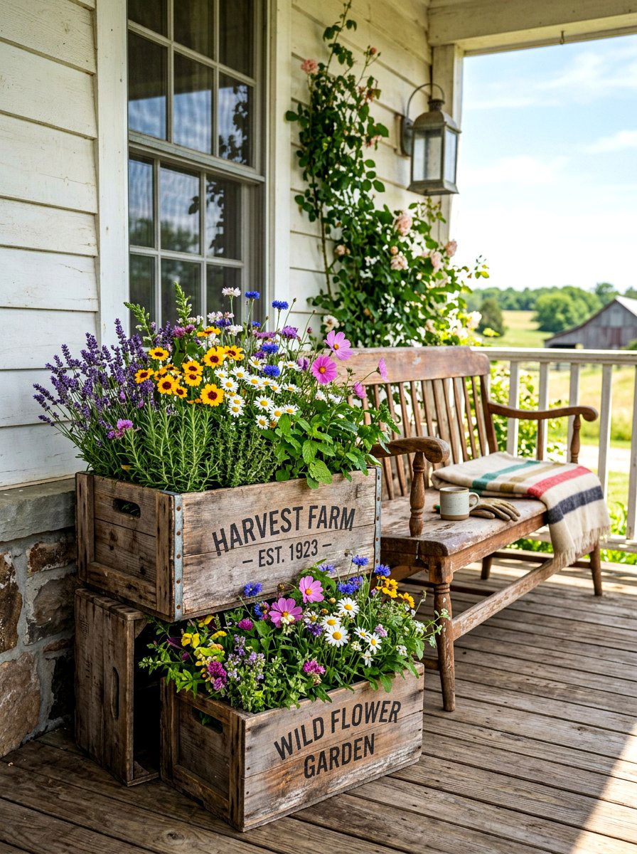 Rustic wooden crates - 30 porch container garden ideas