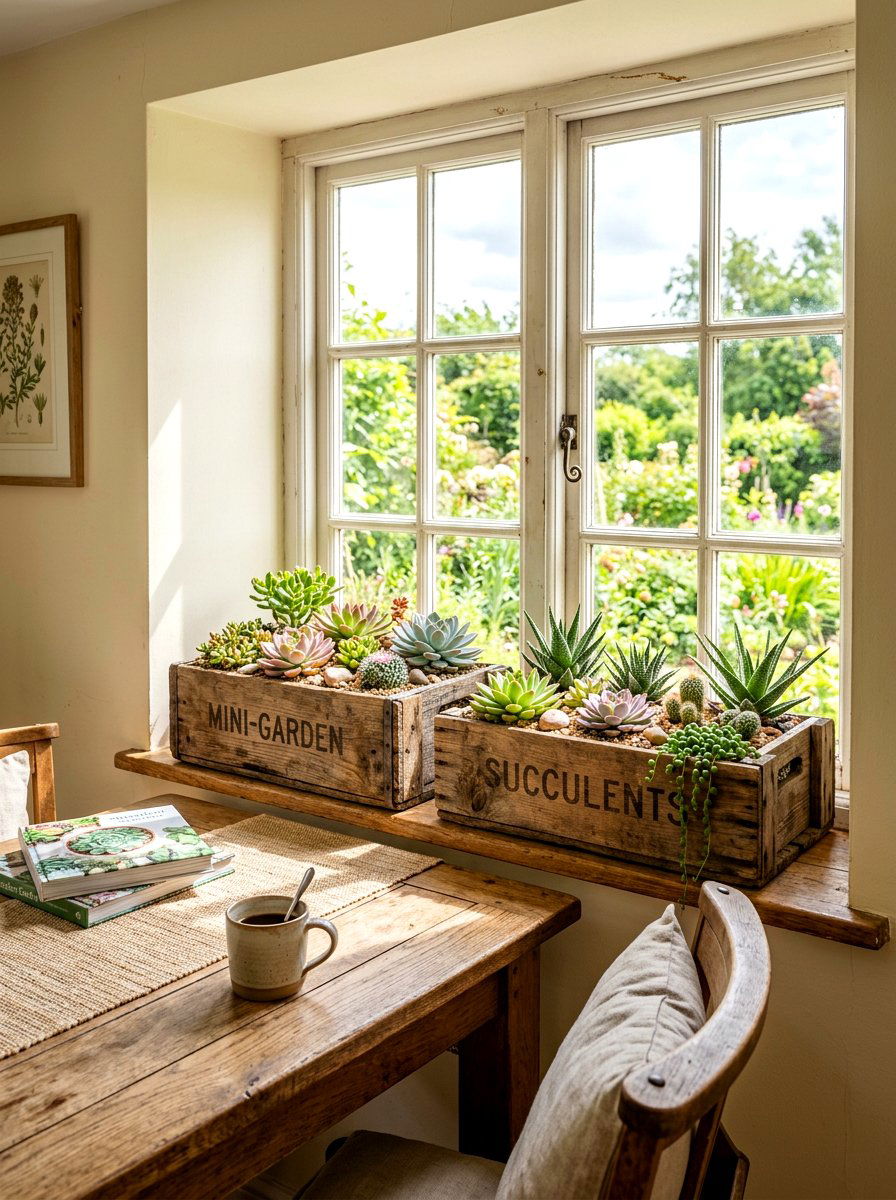 Rustic wooden crates - 30 succulent windowsill ideas