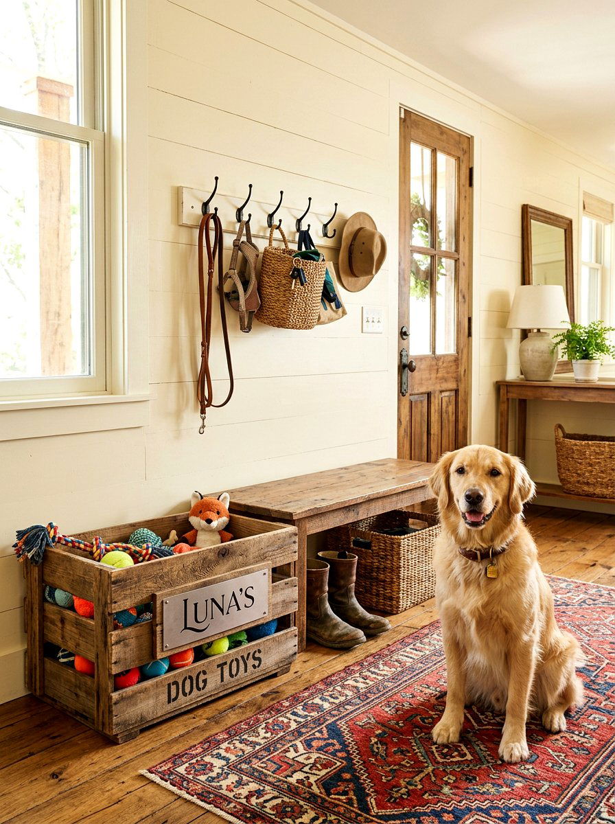 Rustic wooden dog toy crate - 30 pet toy basket ideas