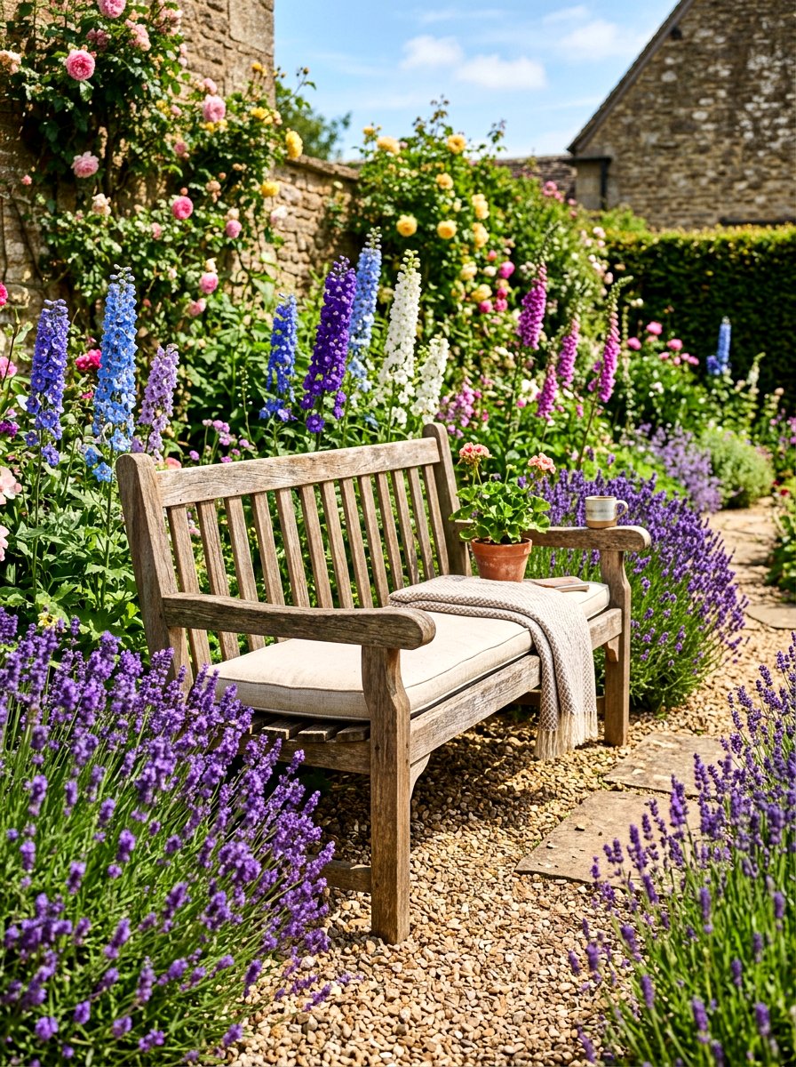 Rustic wooden garden bench - 30 cottage front yard garden ideas