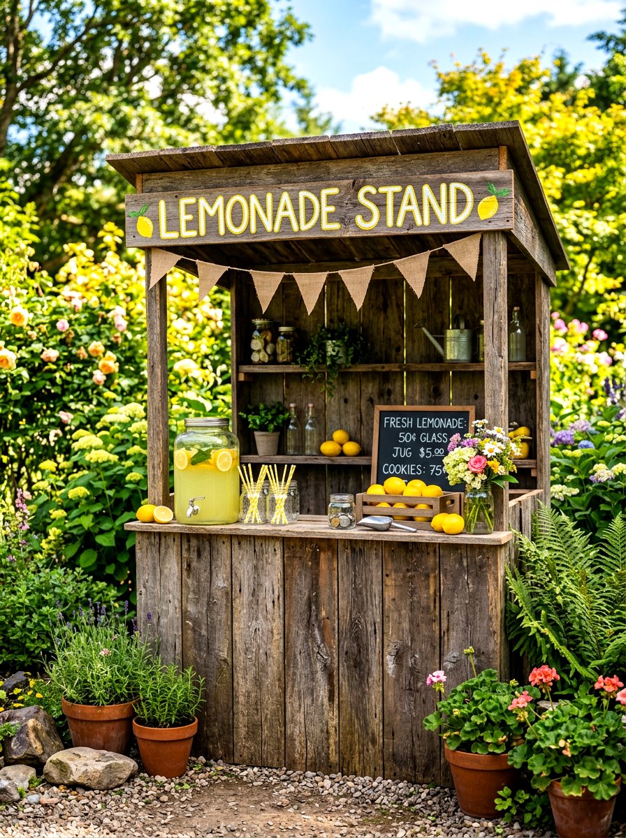 Rustic wooden lemonade stand - 30 lemonade patio party ideas
