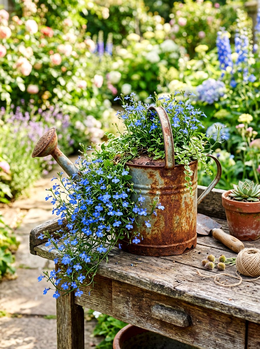 Rusty Watering Can - 30 rustic container garden ideas