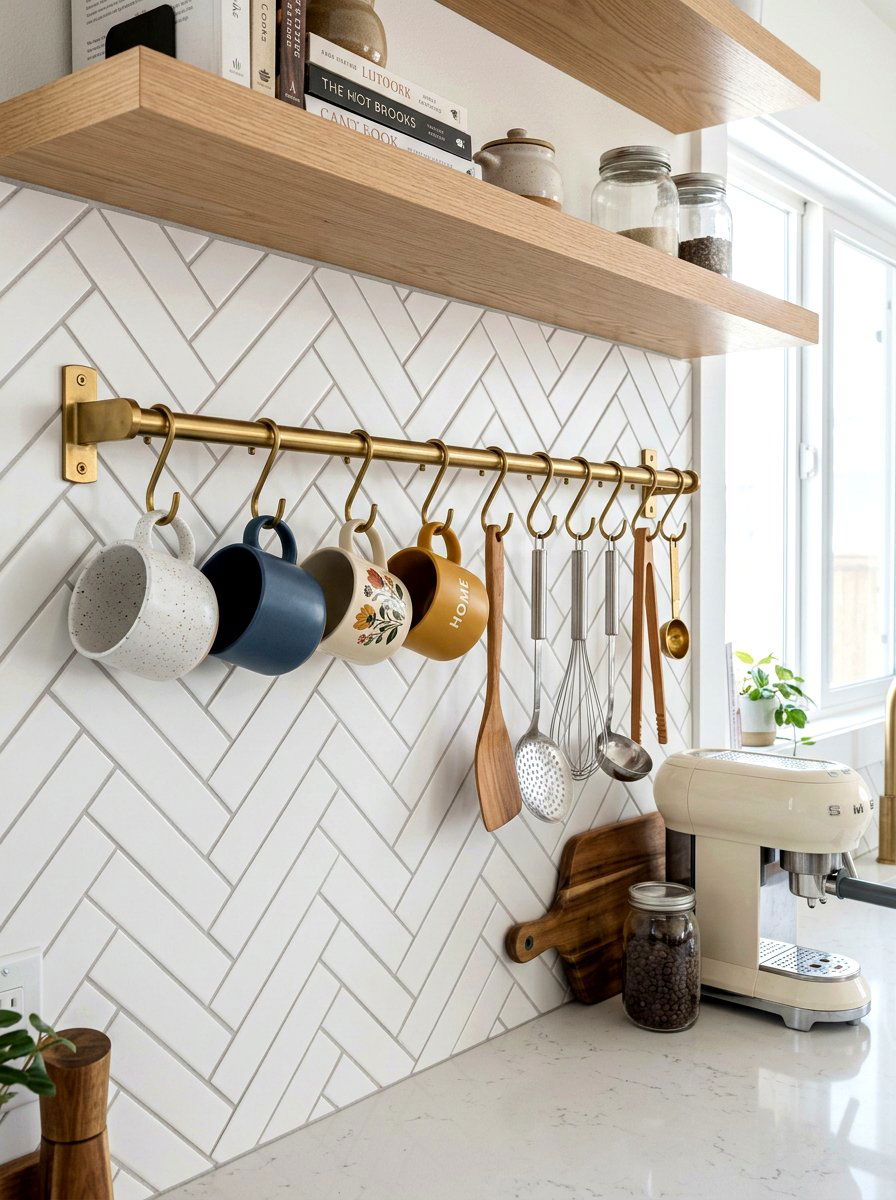 S hook rail system - 30 apartment kitchen storage ideas