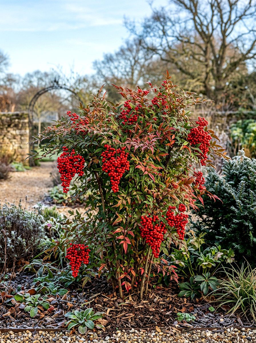 Sacred bamboo winter berries - 30 evergreen front yard ideas