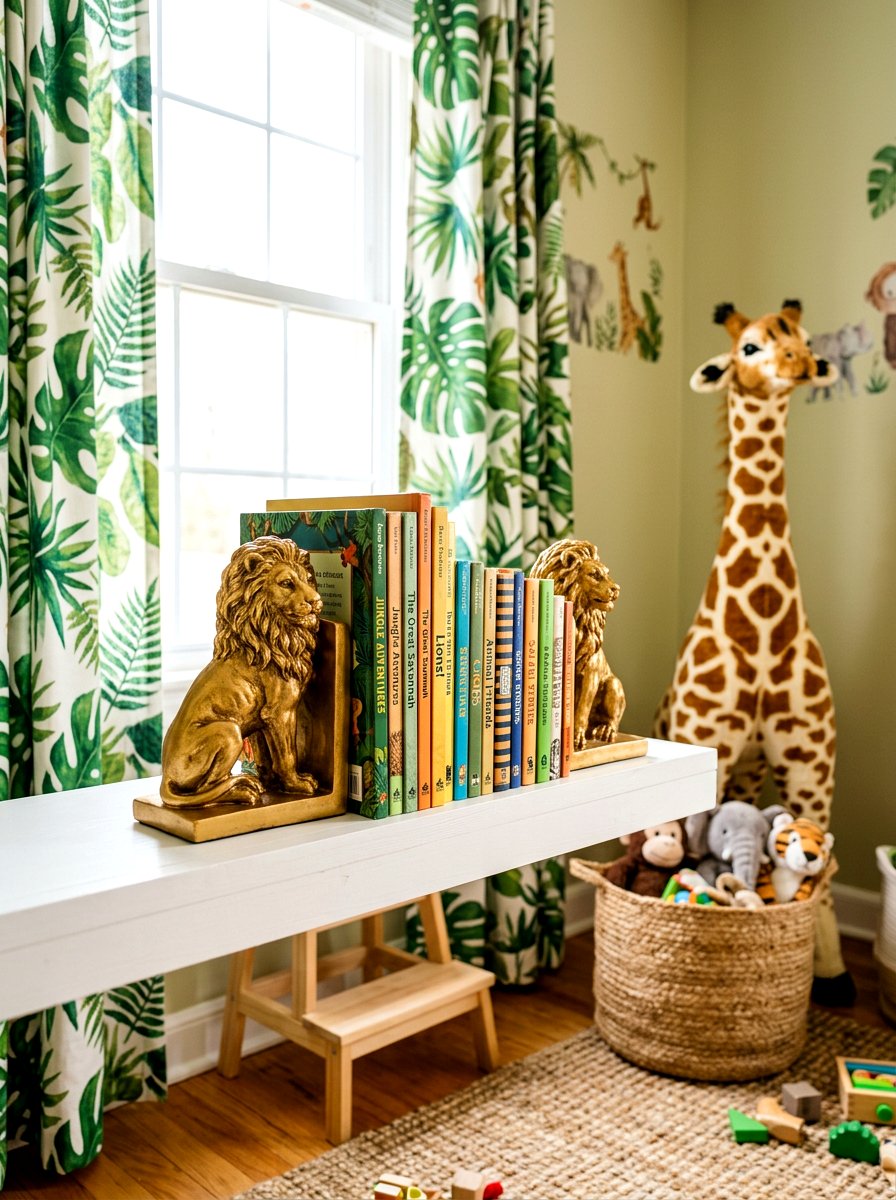 Safari Animal Bookends Display - 30 playroom bookshelf ideas