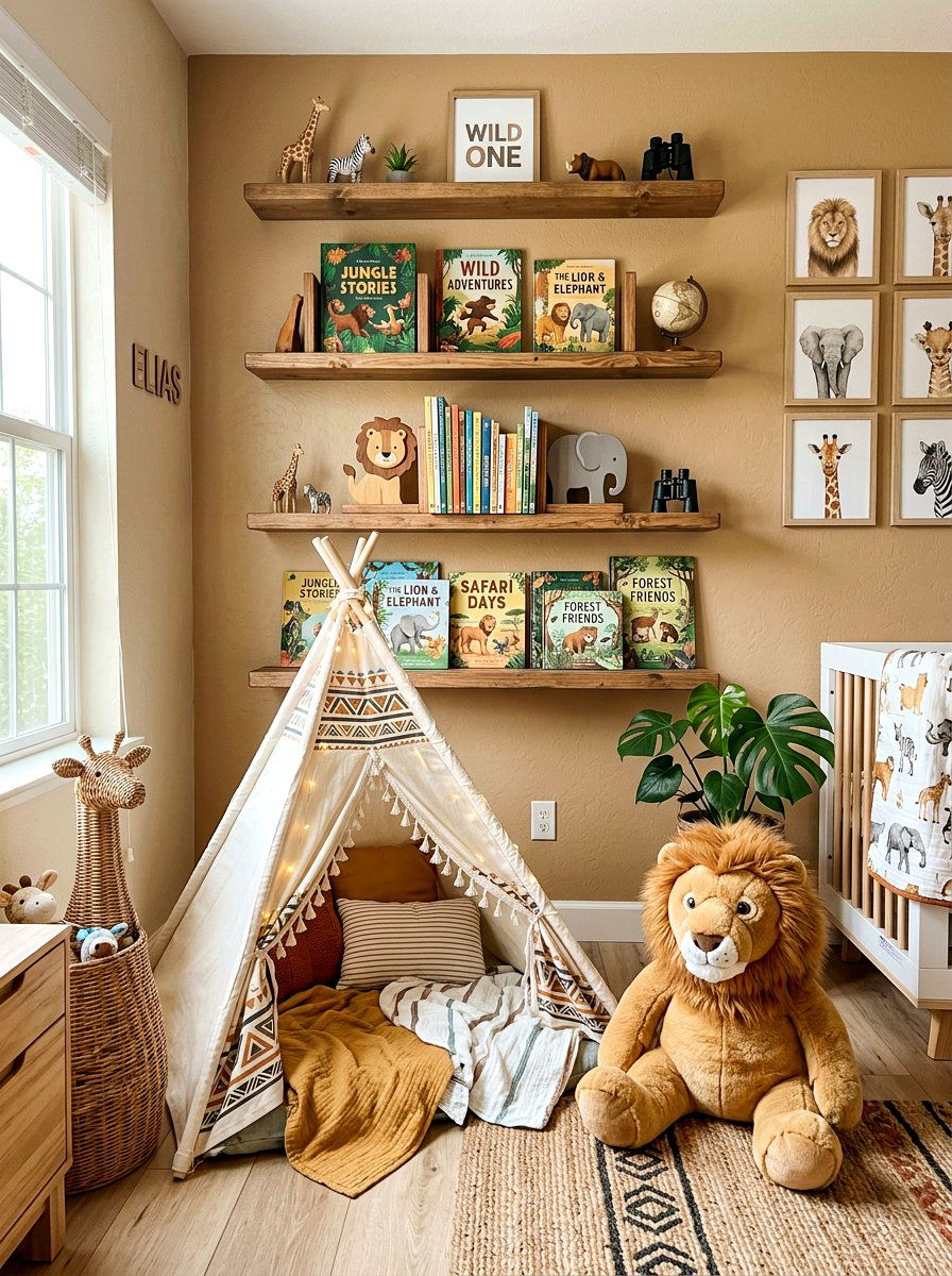 Safari Animal Shelf - 30 nursery bookshelf ideas
