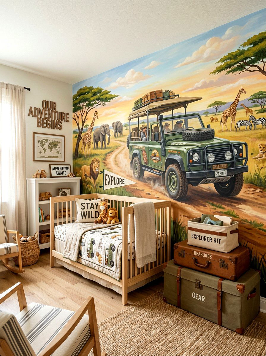 Safari Jeep Adventure Mural - 30 safari wall mural nursery ideas