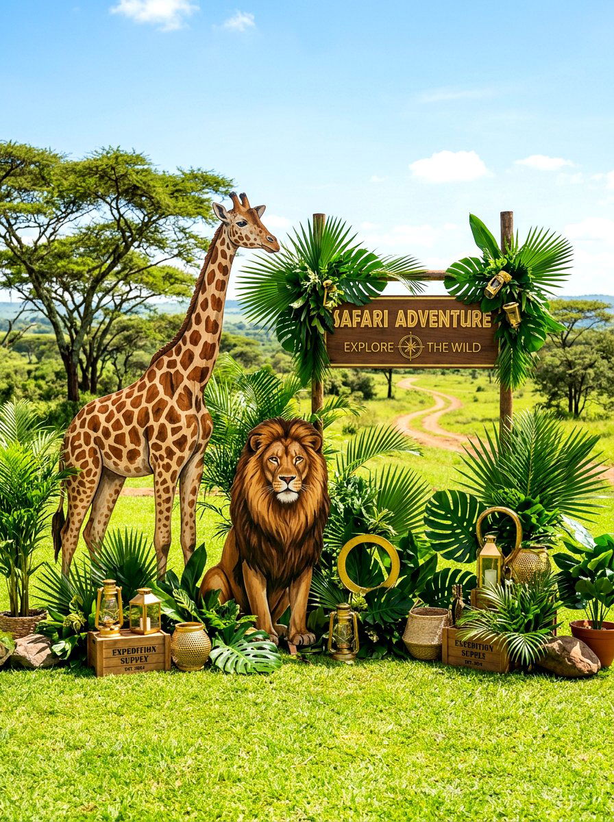 Safari theme animal display - 30 baby shower backyard decor ideas