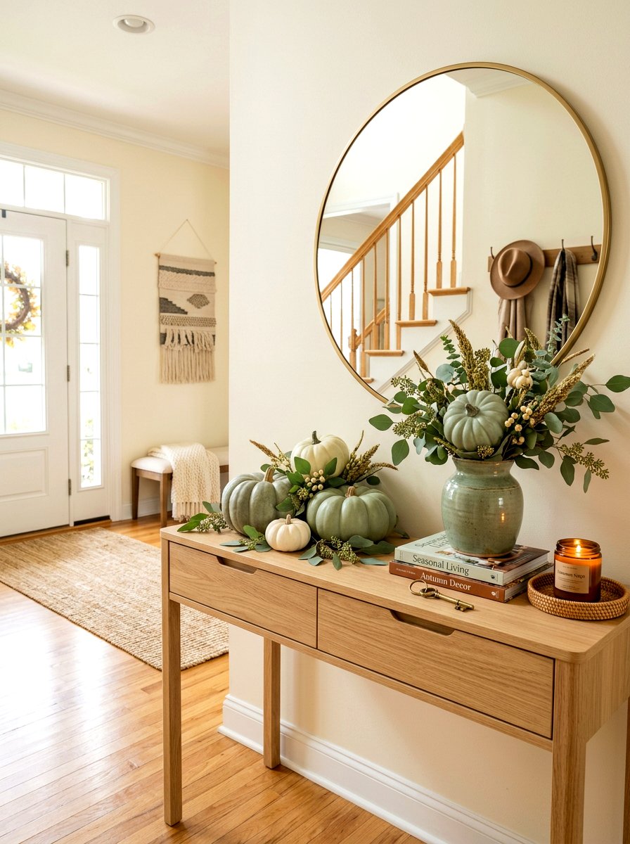 Sage Green Autumn Entry Table - 30 Thanksgiving entry table ideas