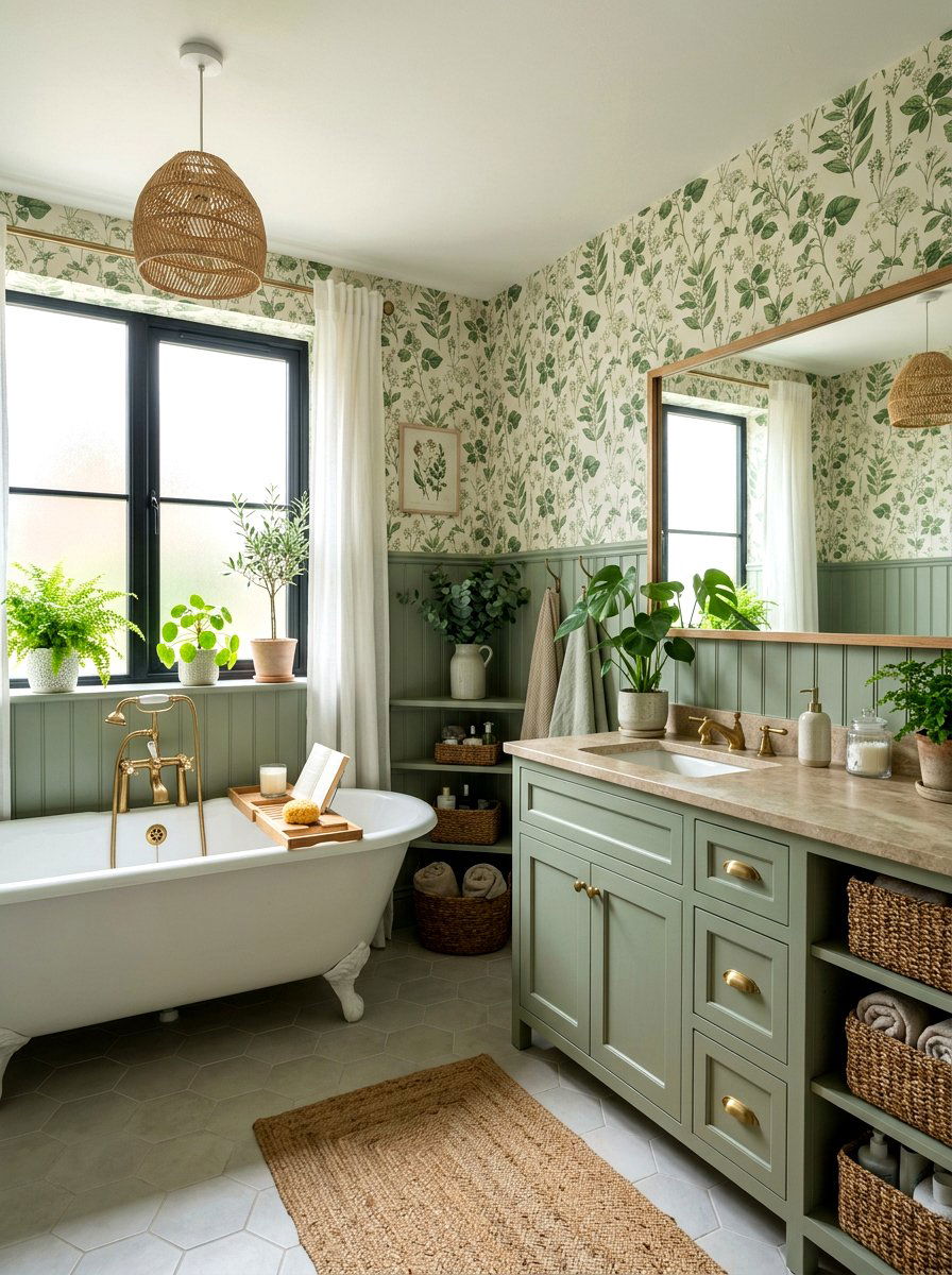 Sage Green Botanical - 30 vintage floral bathroom ideas