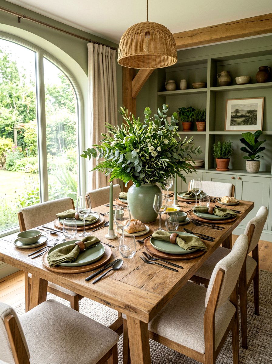 Sage Green Earthy Dining - 30 layered tablescape dining ideas