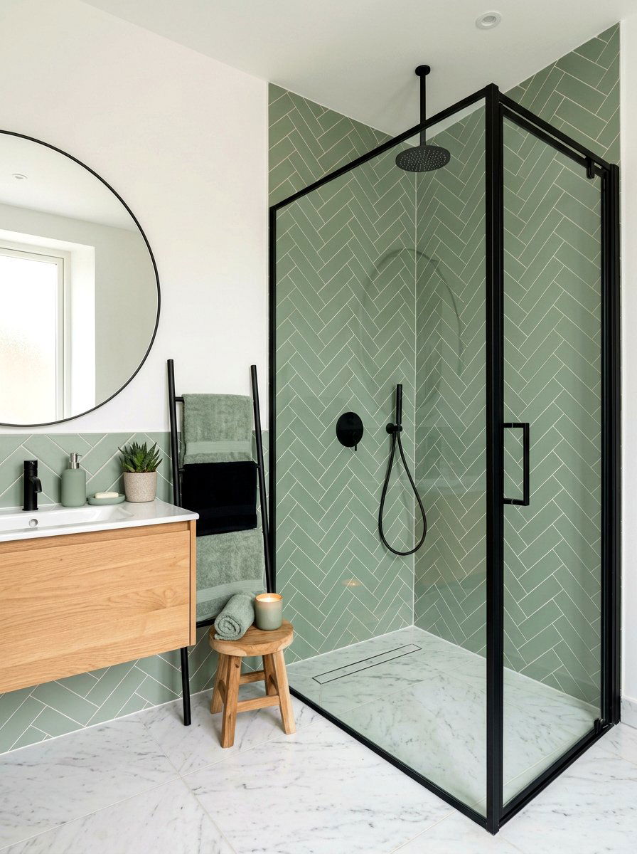 Sage Green Herringbone Shower - 30 herringbone shower tile ideas