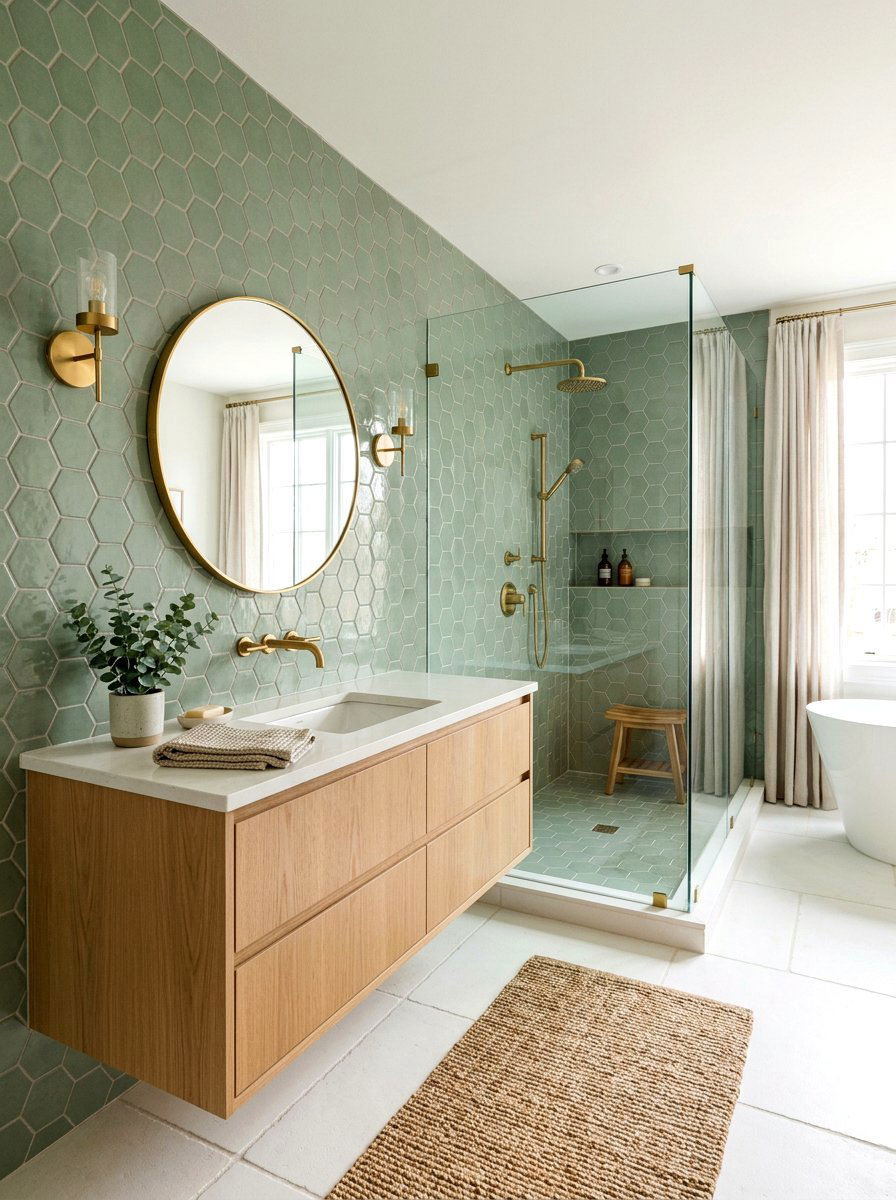 Sage Green Hexagon Tile Bathroom - 30 hex tile bathroom ideas