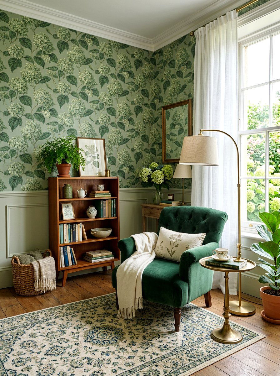 Sage Green Hydrangea Sitting Room Wallpaper - 30 spring floral wallpaper ideas