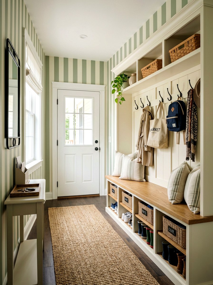Sage Green Mudroom - 30 striped wall ideas