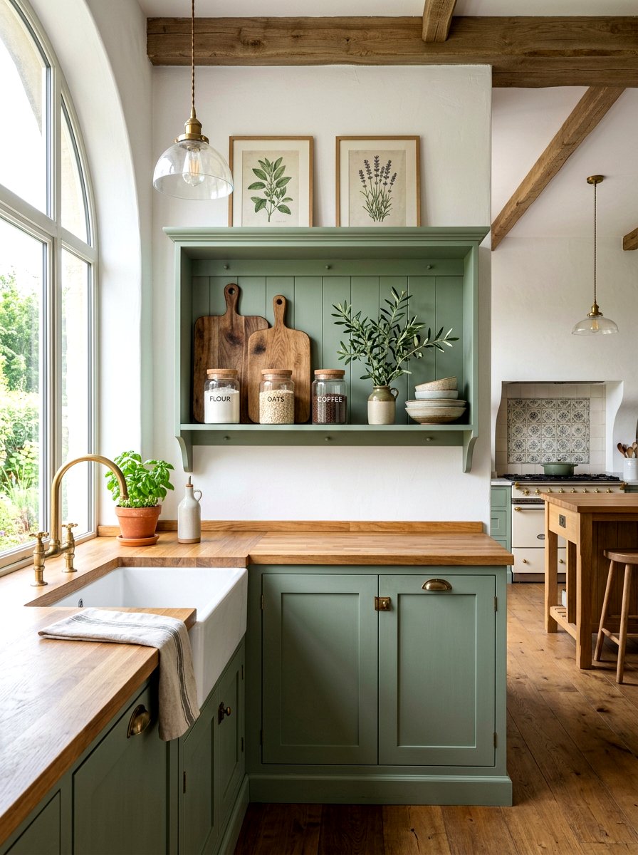 Sage Green Painted Shelf - 30 French cottage kitchen shelf ideas