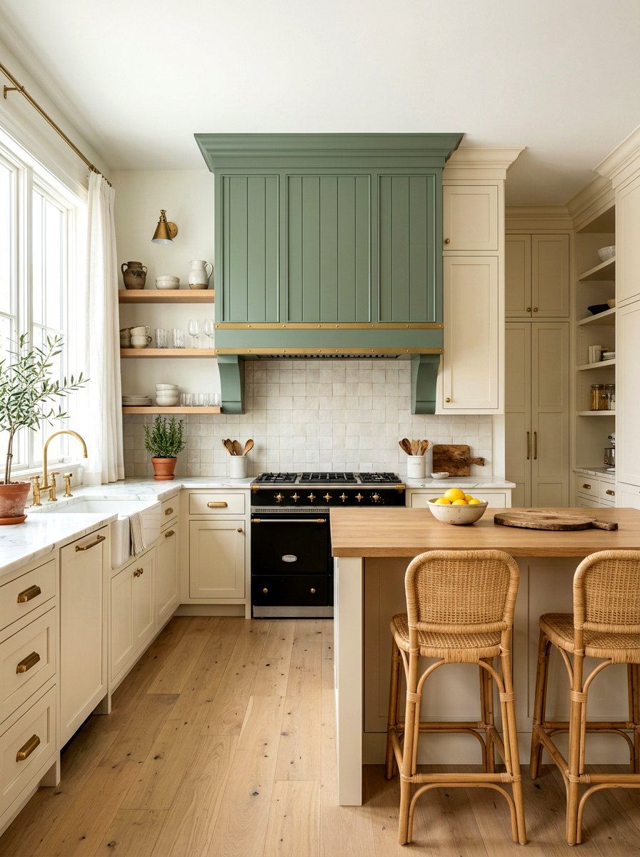 Sage Green Paneled Hood - 30 paneled range hood ideas