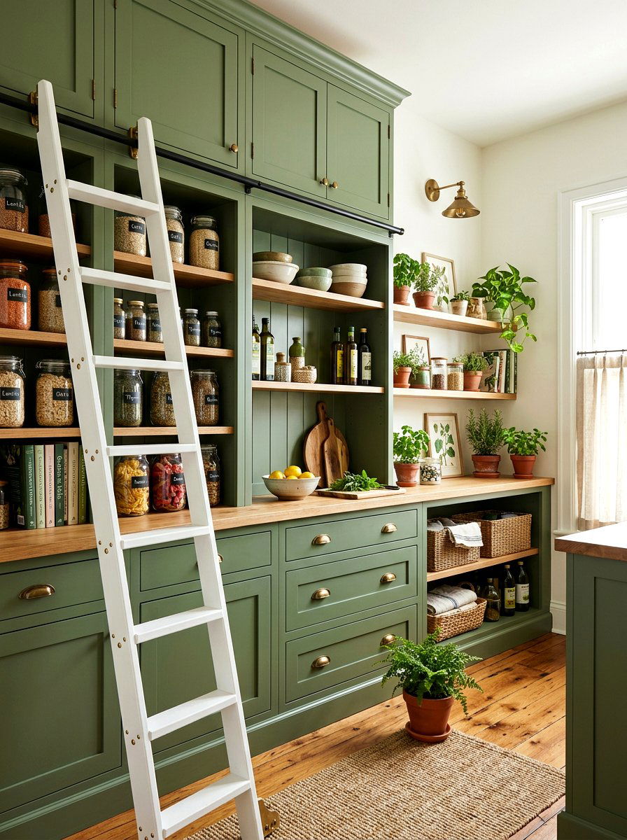 Sage Green Pantry With White Ladder - 30 pantry with library ladder ideas
