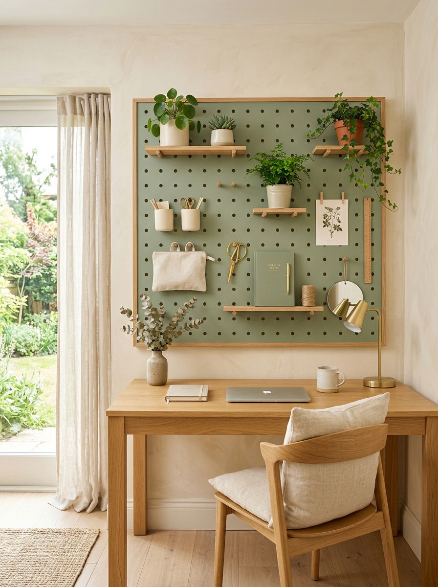 Sage Green Pegboard - 30 office pegboard ideas