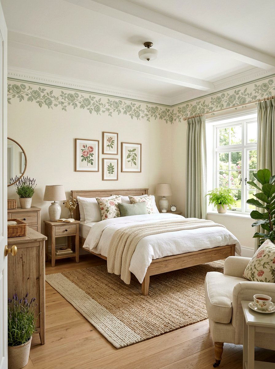 Sage Green Rose Border - 30 rose print bedroom ideas