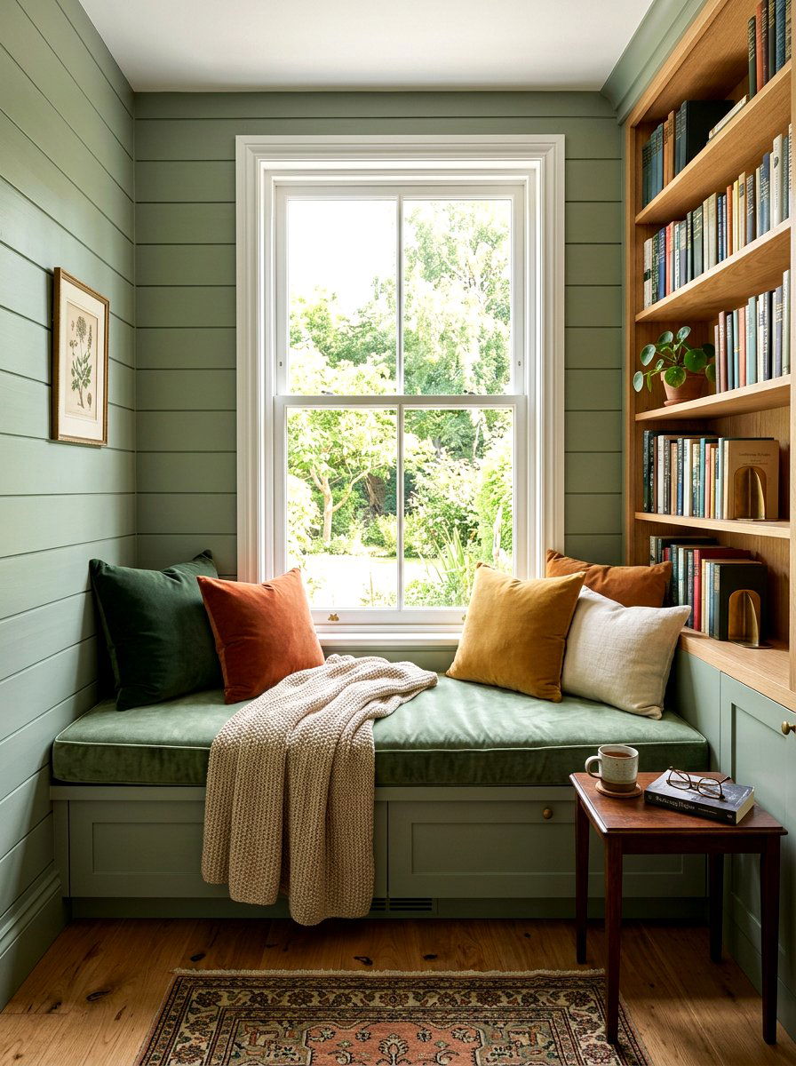Sage Green Shiplap Reading Nook - 30 shiplap wall ideas