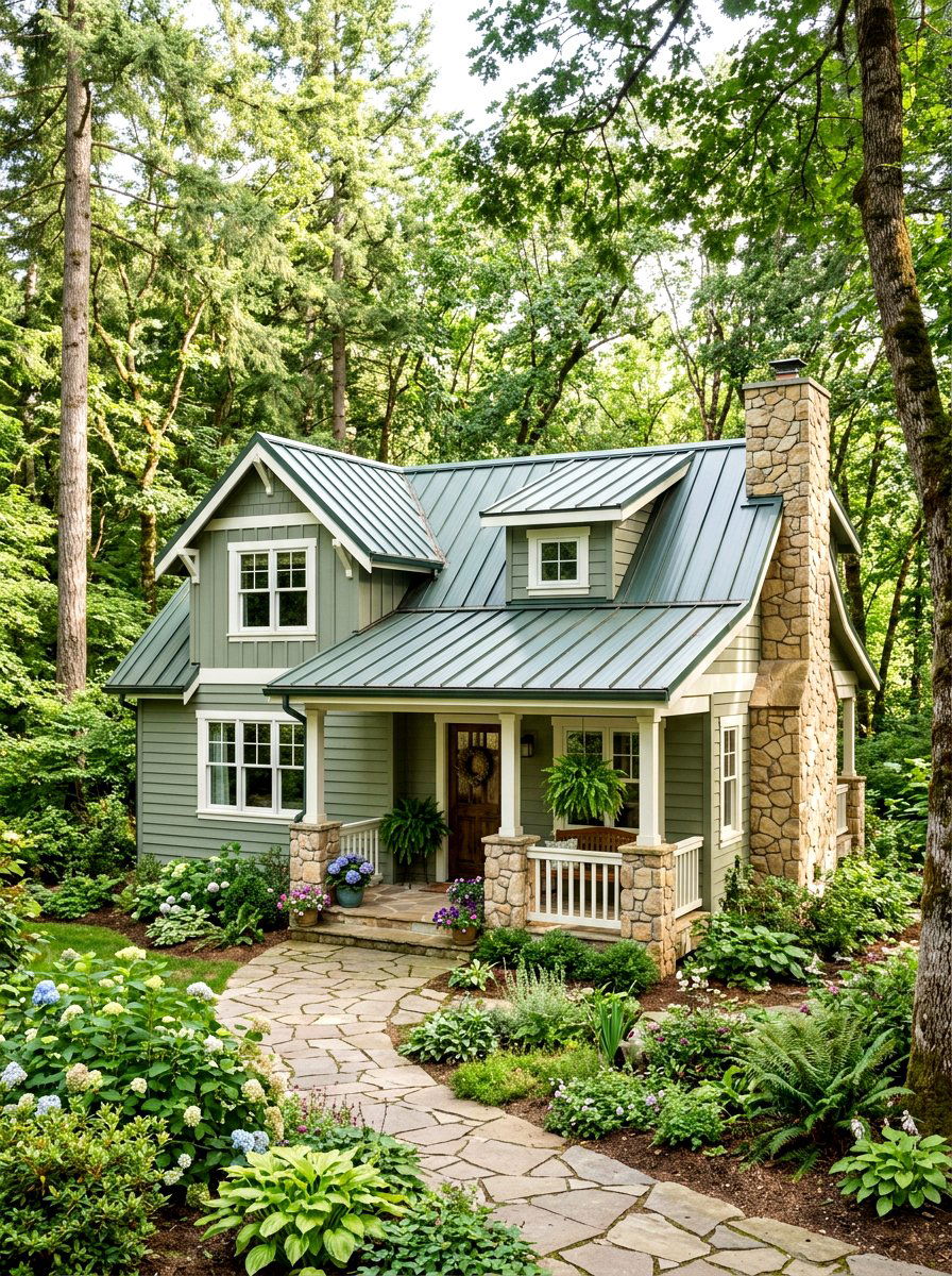 Sage Green Siding With Beige Stone Accents - 30 mixed siding exterior ideas