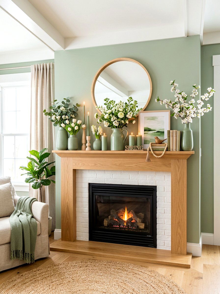 Sage Green Spring Mantel - 30 spring mantel styling ideas