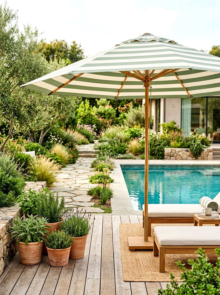 Sage Green Striped Pool Umbrella - 30 poolside striped umbrellas ideas
