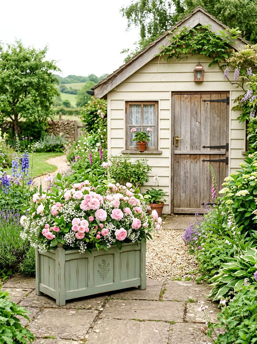 Sage Green Wooden Box - 30 shed flower box ideas